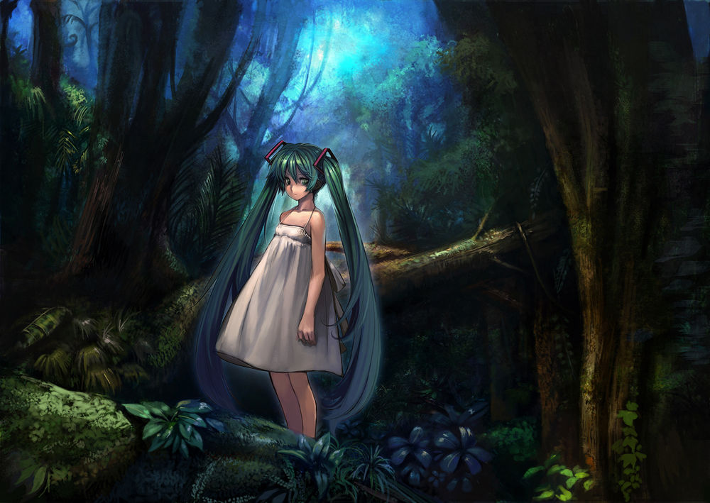 Обои для рабочего стола Vocaloid Hatsune Miku / Вокалоид Хацунэ Мику в белом платье ночью стоит посреди джунглей