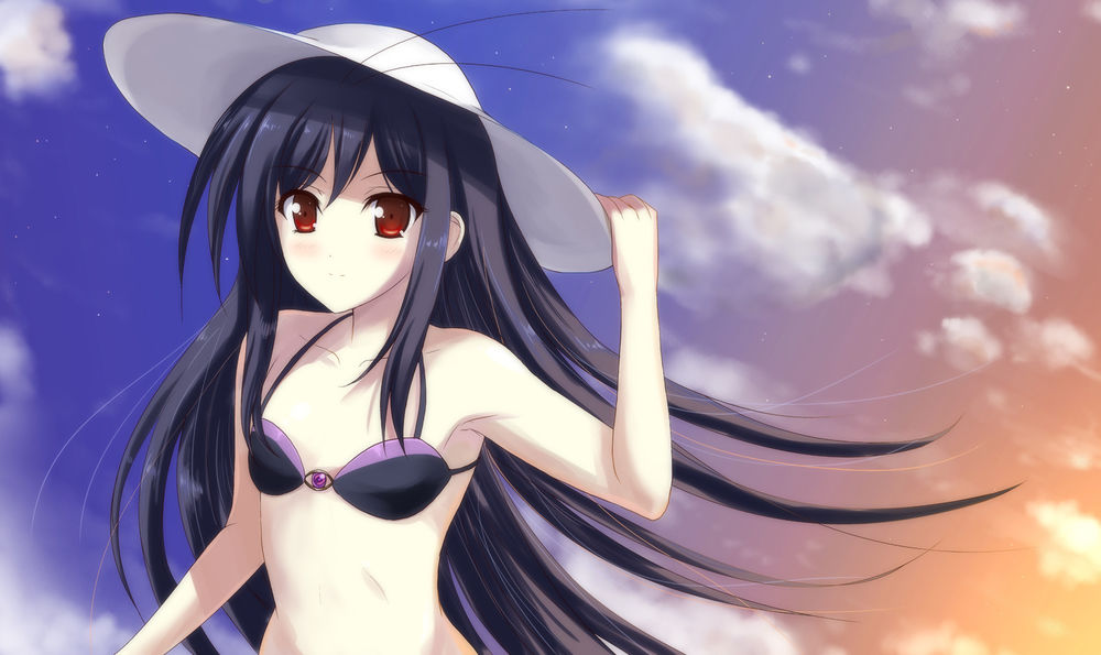 Обои для рабочего стола Kuroyukihime / Куроюкихимэ из аниме Ускоренный Мир / Accel World в черно-фиолетовом купальнике и белой шляпке от солнца на фоне темнеющего закатного неба