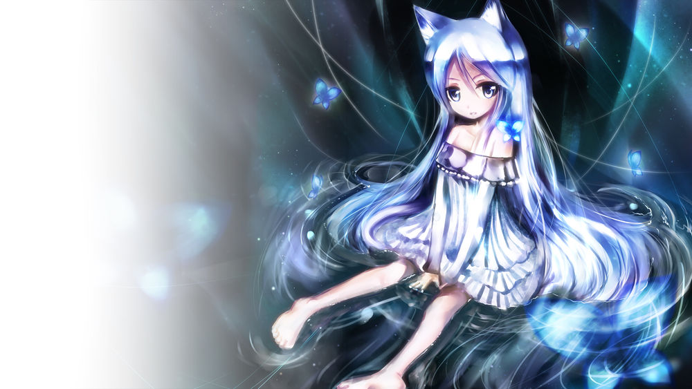 Обои для рабочего стола Neko Girl / неко-девочка с длинными голубыми волосами в платьице сидит в воде в окружении голубых бабочек