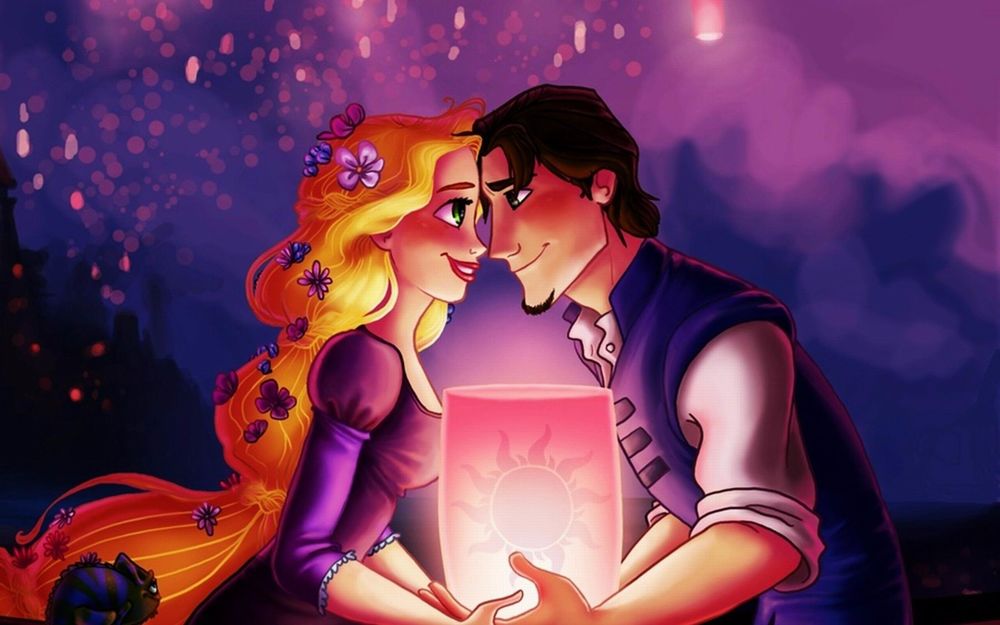 Обои для рабочего стола Рапунцель / Rapunzel и Флинн Райдер / Flynn Rider держат в руках фонарик и смотрят друг другу в глаза