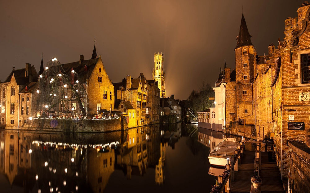 Обои Огни ночного Брюгге, Бельгия / Brugge, Belgium на ...