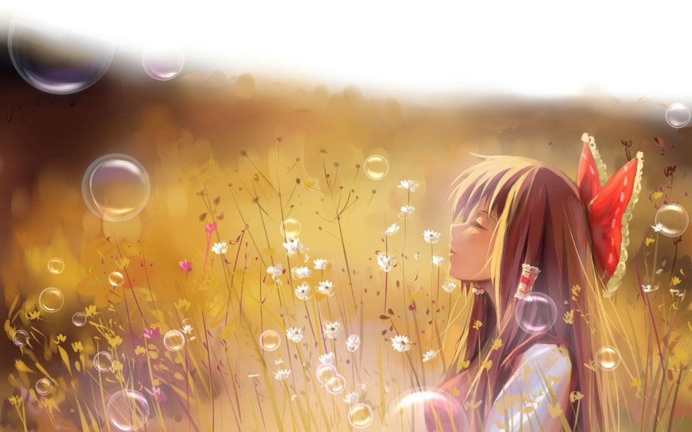 Обои для рабочего стола Reimu Hakurei / Рейму Хакурей сидит на цветочной поляне, вокруг летают мыльные пузыри, из серии компьютерных игр Тохо / Touhou Project
