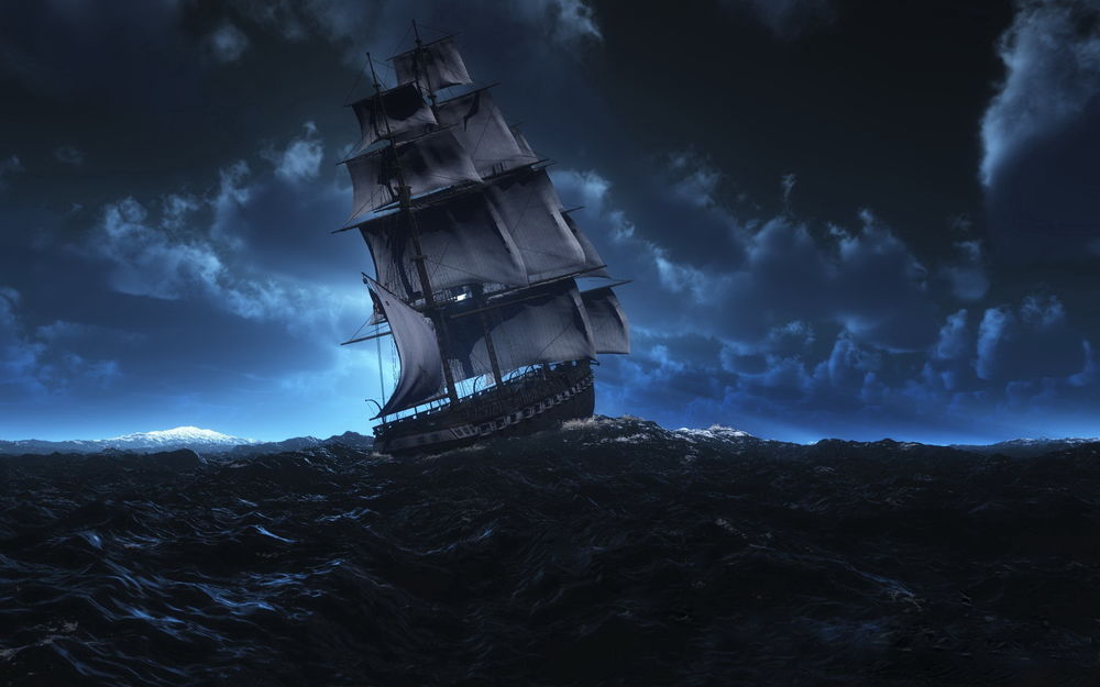 Обои для рабочего стола Парусный фрегат, плывущий по штормовому океану на фоне пасмурного ночного неба