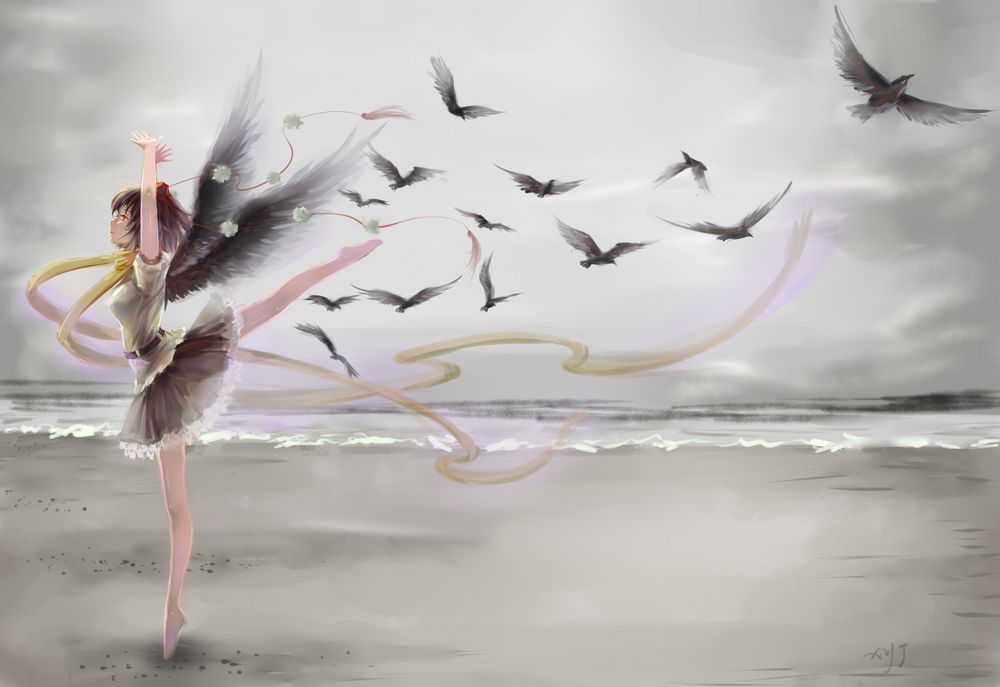 Обои для рабочего стола Aya Shameimaru / Ая Шамеймару из серии игр Тохо / Touhou Project как балерина стоит на одной ноге на морском берегу, позади нее летит стая ворон