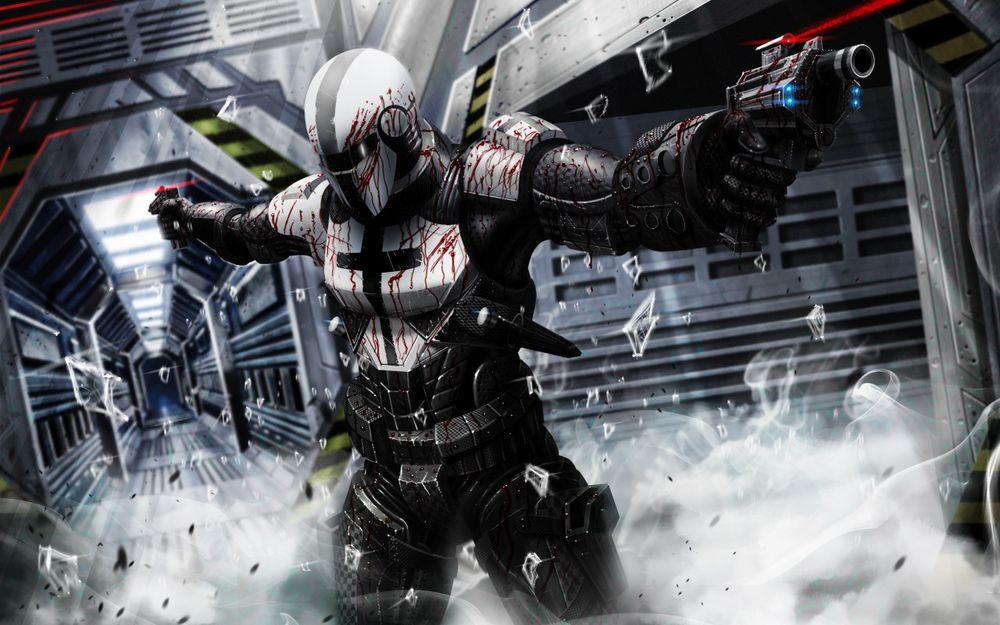 Обои для рабочего стола SciFi Warrior с оружием в руках