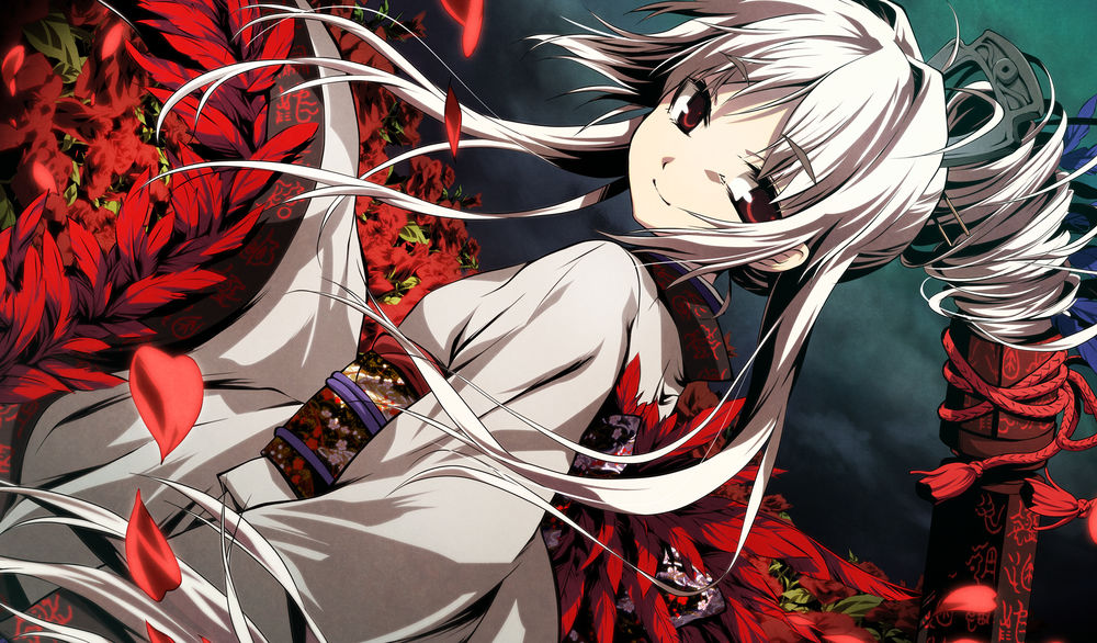 Обои для рабочего стола Kyougetsu Sakuya на поляне красных цветов, из игры - визуальной новеллы Kajiri Kamui Kagura