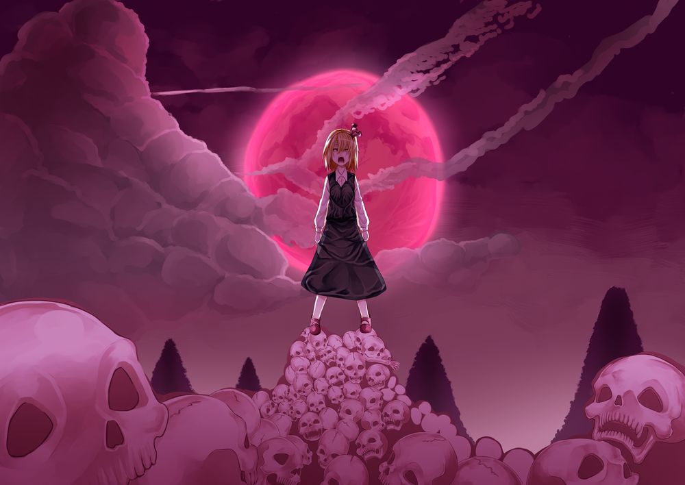 Обои для рабочего стола Румия / Rumia стоит и кричит на куче черепов на фоне кровавой луны, из серии компьютерных игр Тохо / Touhou Project