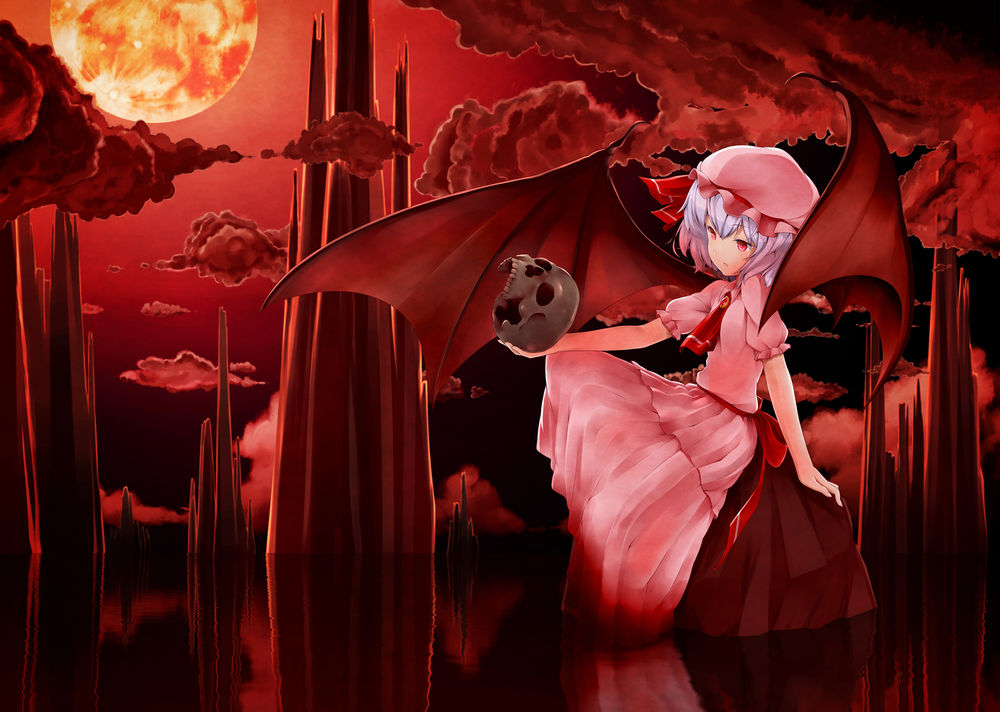 Обои для рабочего стола Remilia Scarlet / Ремилия Скарлет сидит с черепом в руке на камне окружонном водой, из серии компьютерных игр Тохо / Touhou Project