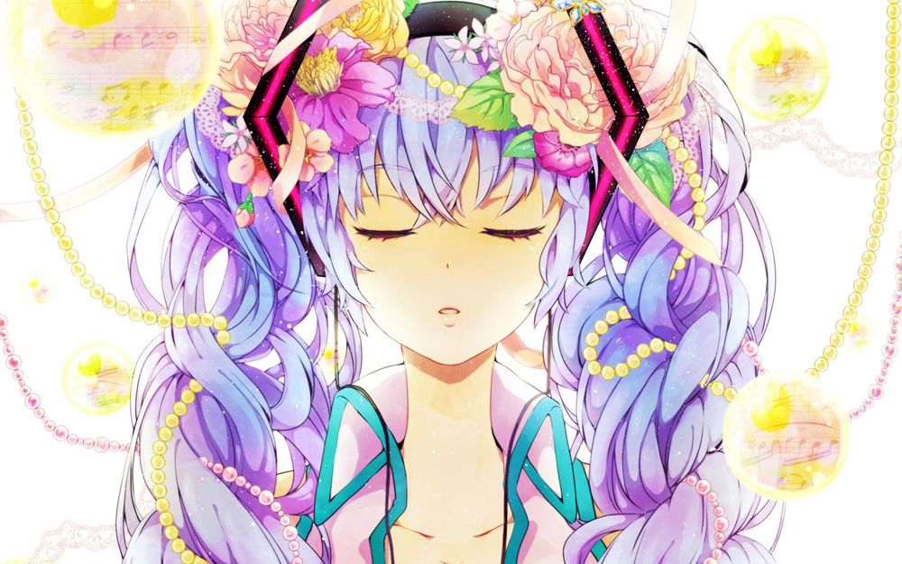 Обои для рабочего стола Vocaloid Hatsune Miku / Вокалоид Хатсуне Мику с закрытыми глазами и приоткрытым ртом, с цветами и жемчугом в волосах, вокруг летают желтые пузыри с отражающимися в них нотами