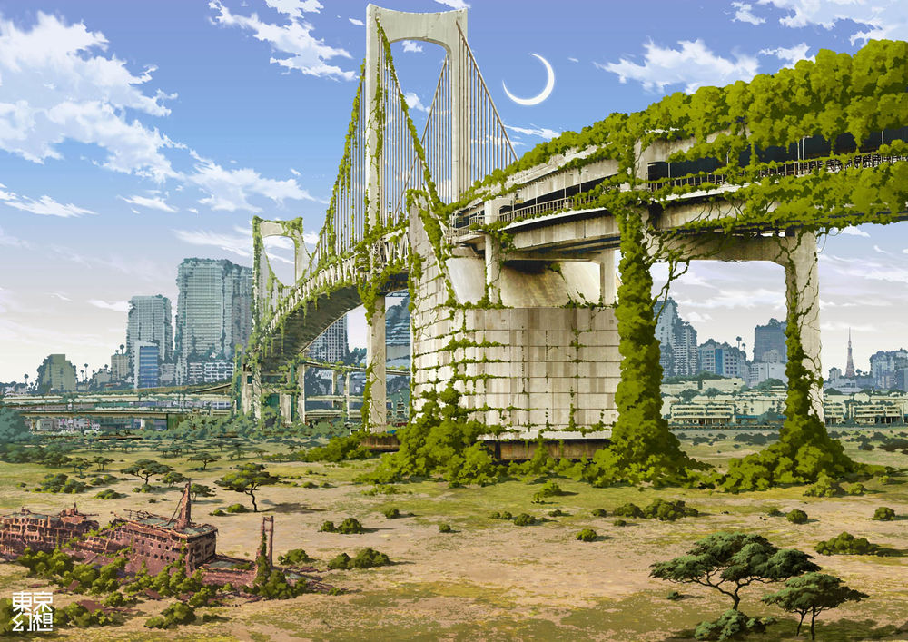 Обои для рабочего стола Постапокалиптический Токио The Rainbow Bridge, from Odaiba, работа художника Tokyo Genso (Tokyo Fantasy)