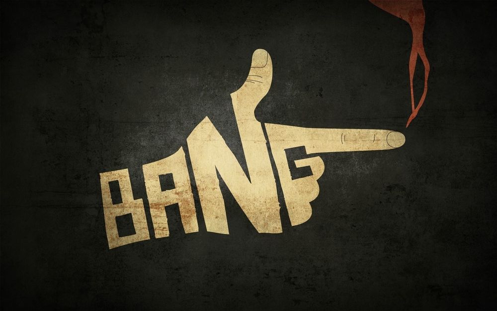 Обои для рабочего стола Надпись Bang заканчивающаяся фигурой из большого и указаельного пальцев обозначающей пистолет из которого идет дым