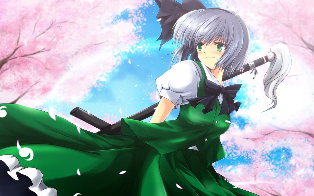 Обои для рабочего стола Youmu Konpaku / Ёму Конпаку с катаной за спиной стоит на фоне цветущей сакуры из серии компьютерных игр Тохо / Touhou Project (художник Nekominase)