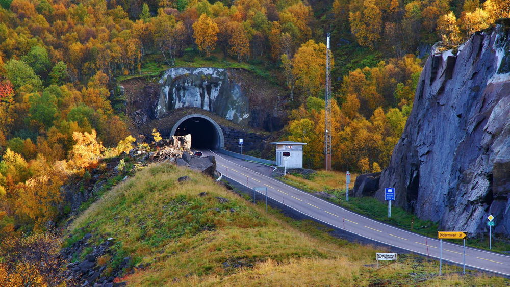 Обои для рабочего стола Асфальтированная дорога, проходящая к тоннелю, проложенному в горах, покрытых деревьями с пожелтевшей осенней листвой, Норвегия / Norway