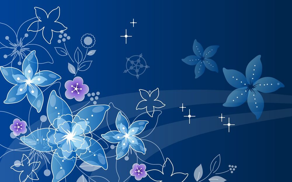 Обои для рабочего стола Векторная графика - голубые и фиолетовые цветы на синем фоне
