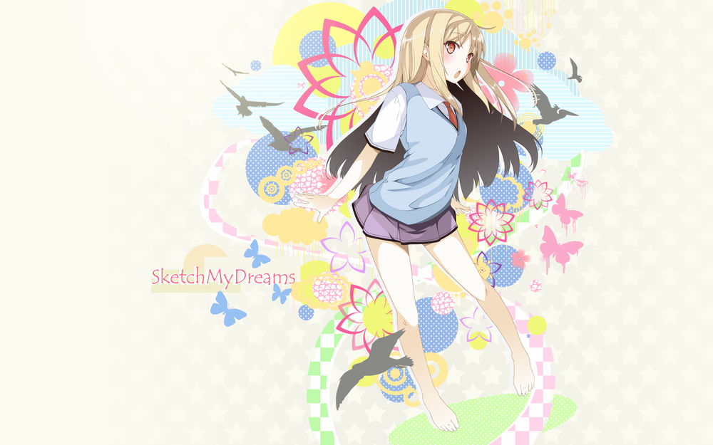 Обои для рабочего стола Mashiro Shiina / Сиина Масиро на фоне разноцветной абстракции с цветами, бабочками и птицами, аниме Кошечка из Сакурасо / Sakurasou no Pet na Kanojo (Sketch My Dreams / Эскиз Моей Мечты)