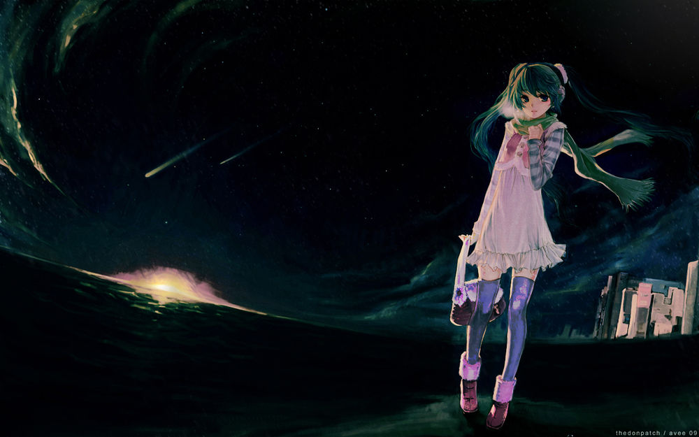 Обои для рабочего стола Vocaloid Hatsune Miku / Вокалоид Хатсуне Мику зимой на рассвете идет по берегу реки, на горизонте виднеется восходящее солнце и падающие звезды