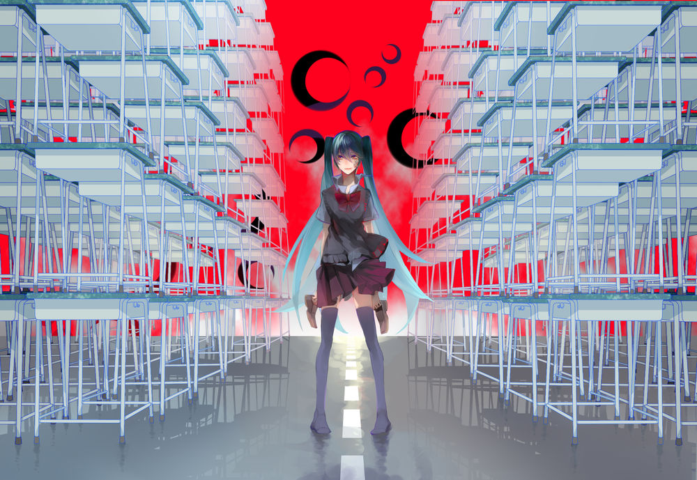 Обои для рабочего стола Vocaloid Hatsune Miku / Вокалоид Хатсуне Мику с красными глазами, облепленная пластырями, в школьной форме, босиком, с башмаками в руках, стоит на дороге, между поставленных друг на друга парт, на фоне алого неба с черными лунами