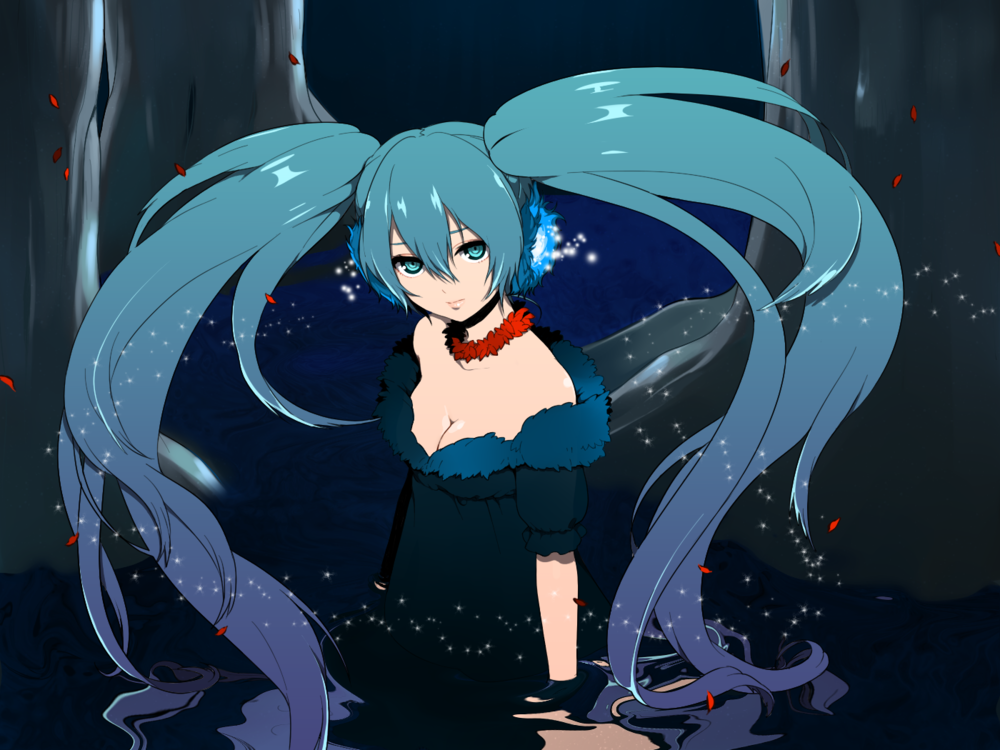Обои для рабочего стола Vocaloid Hatsune Miku / Вокалоид Хатсуне Мику ночью сидит в воде, в окружении сверкающих белых магических искорок и красных лепестков