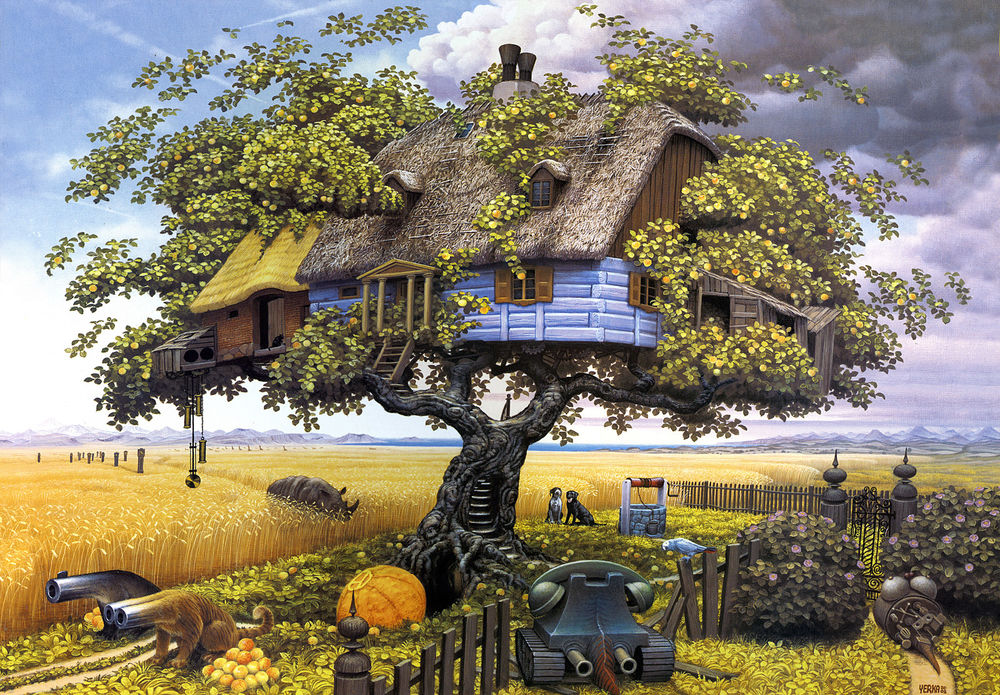 Обои для рабочего стола Сюрреалистический пейзаж с домом на дереве посреди поля. Художник Яцек Йерка / Jacek Yerka