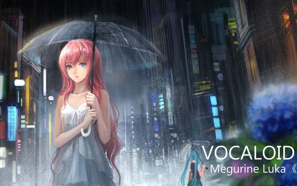 Обои для рабочего стола Vocaloid Megurine Luka / Вокалоид Мегурине Лука ночью в дождливом городе под зонтом рядом с кустом гортензий, неподалеку стоит Хатсуне Мику / Hatsune Miku