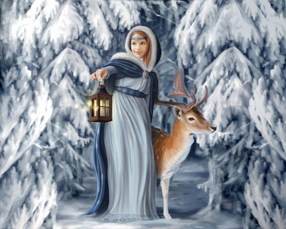 Обои для рабочего стола Девушка с олененком и фонариком в руке идет по зимнему лесу