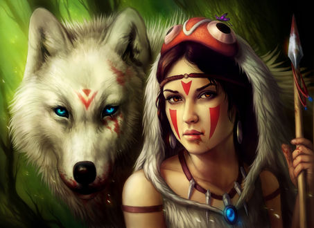 Обои на рабочий стол Принцесса Мононокэ / Princess Mononoke и богиня-волчица Моро / Moro из аниме Princess Mononoke / Принцесса Мононоке / Mononoke Hime