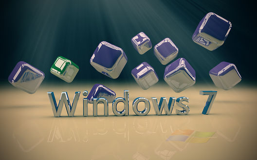 Обои на рабочий стол Металлический логотип Windows 7 на фоне металлических кубиков