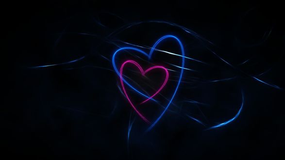 Обои на рабочий стол Синее и розовое сердца переплетаются между собой на черном фоне
