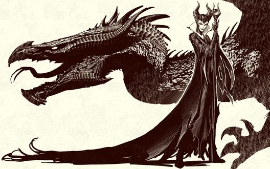 Обои на рабочий стол Колдунья Maleficent / Малефисента с посохом в руке стоит на фоне дракона