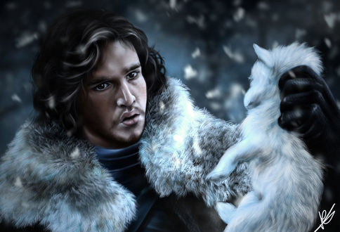 Обои на рабочий стол Джон Сноу / Jon Snow, роль исполняет Кит Харингтон / Keith Harrington, держит белого волчонка. Сериал Игра престолов / Game of Thrones