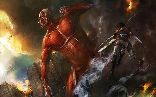 Обои на рабочий стол Rivaille сражается с Colossal Titan из аниме Атака Титана / Attack on Titan / Shingeki no Kyojin