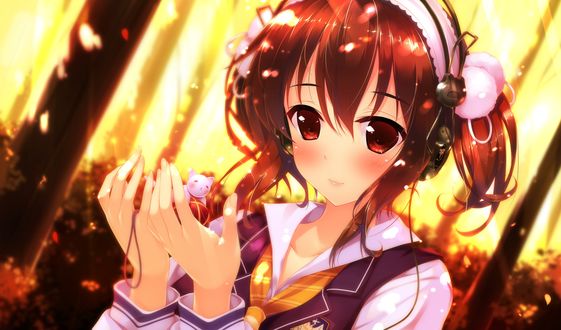 Обои на рабочий стол Tsukamine Miori слушает музыку в наушниках и держит в руках брелок в виде кота из игры - визуальной новеллы Shoujo Shiniki ~ Shoujo Tengoku -The Garden of Fifth Zoa (художник Hayakawa Harui)