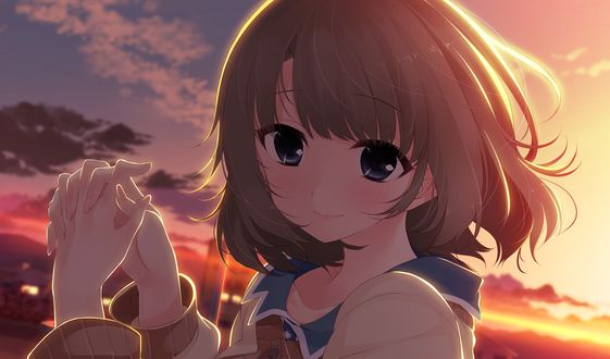 Обои на рабочий стол Tsunasaki Aoi на фоне заката из игры - визуальной новеллы Shoujo Shiniki ~ Shoujo Tengoku -The Garden of Fifth Zoa (художник Hayakawa Harui)