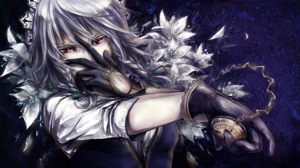 Обои на рабочий стол Izayoi Sakuya / Сакуя Изаеи левой рукой прикрывает лицо, в правой старинные часы на цепочке из серии компьютерных игр Тохо / Touhou Project