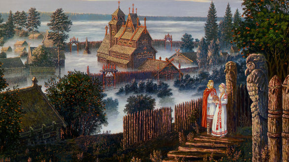 Обои на рабочий стол Пара, стоящая на фоне сказочной деревни, художник Всеволод Вячеславович Иванов
