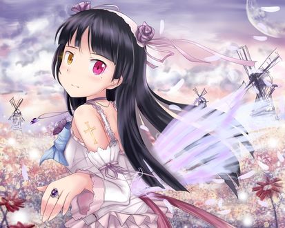 Обои на рабочий стол Ruri Gokou / Рури Гоко (Куронеко) на цветочной поляне из аниме Ore no Imouto ga Konna ni Kawaii Wake ga Nai / Моя младшая сестра не может быть такой милой (художник Edogawakid)