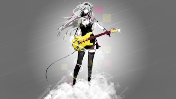 Обои на рабочий стол Vocaloid Megurine Luka / Вокалоид Мегурине Лука с золотой гитарой стоит на облаке, на сером фоне
