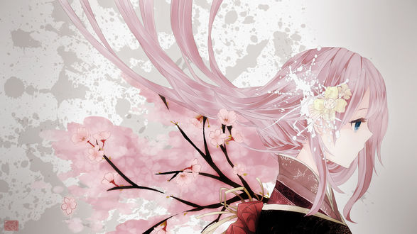 Обои на рабочий стол Vocaloid Megurine Luka / Вокалоид Мегруине Лука в нарядном кимоно на фоне цветущей ветки сакуры