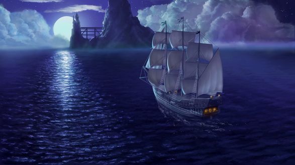 Обои на рабочий стол Корабль плывущий по ночному морю