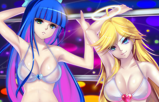 Обои на рабочий стол Stocking / Стокинг (Чулко) и Panty / Пенти (Труська) с нимбом над головой из аниме Panty & Stocking with Garterbelt / Труська, Чулко и пресвятой Подвяз