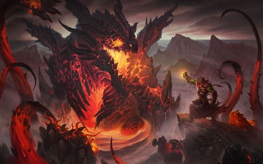Обои на рабочий стол Тралл в битве со Смертокрылом / Арт к игре World of Warcraft