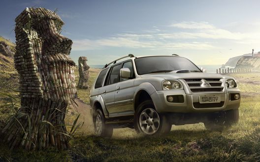 Обои на рабочий стол Автомобиль Mitsubishi Pajero Sport / Мицубиси Паджеро Спорт едет по импровизированному Острову Пасхи / Isla de Pascua