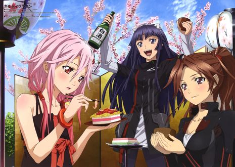 Обои на рабочий стол Yuzuriha Inori / Юдзуриха Инори, Tsugumi / Цугуми и Ayase Shinomiya / Аясе Шиномия что-то празднуют из аниме Guilty Crown / Венец Вины