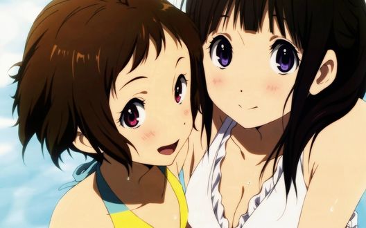 Обои на рабочий стол Mayaka Ibara / Маяка Ибара и Eru Chitanda / Эру Титанда из аниме Hyouka: You cant escape / Хека: Тебе не сбежать стоят в купальниках