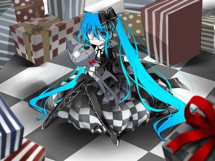 Обои на рабочий стол Vocaloid Hatsune Miku / Вокалоид Хатсуне Мику в образе готической лолитки, с повязкой на глазу, с серым игрушечным котиком на руках, сидит среди коробок с подарками