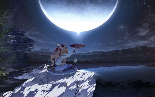 Обои на рабочий стол Суйка Ибуки / Suika Ibuki сидит на скале с тарелкой и питает ее энергией луны, мангака Асакура Масатоки / Asakura Masatoki