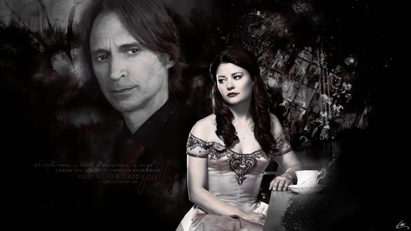 Обои на рабочий стол Актеры Robert Carlyle / Роберт Карлайл и Emilie de Ravin / Эмили де Равин из сериала Once Upon a Time / Однажды в сказке, I know you will make it through alive cause you never said goodbye / Я знаю что ты выживешь потому что ты не попрощался, фотоколлаж от Veilaks
