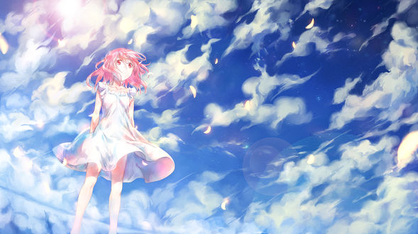 Обои на рабочий стол Kaname Madoka / Канаме Мадока из аниме Mahou Shoujo Madoka Magika / Девочка-волшебница Мадока на фоне неба