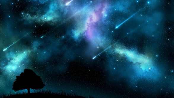 Обои на рабочий стол Одинокое дерево на фоне космического неба и падающих комет