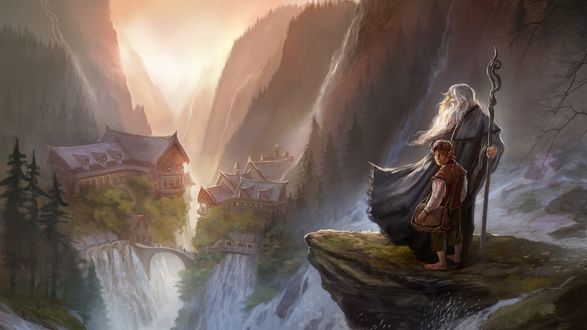 Обои на рабочий стол Bilbo Baggins / Бильбо Бэггинс и Gandalf / Гэндальф стоят на краю скалы из фильма The Hobbit: An Unexpected Journey / Хоббит: Нежданное путешествие